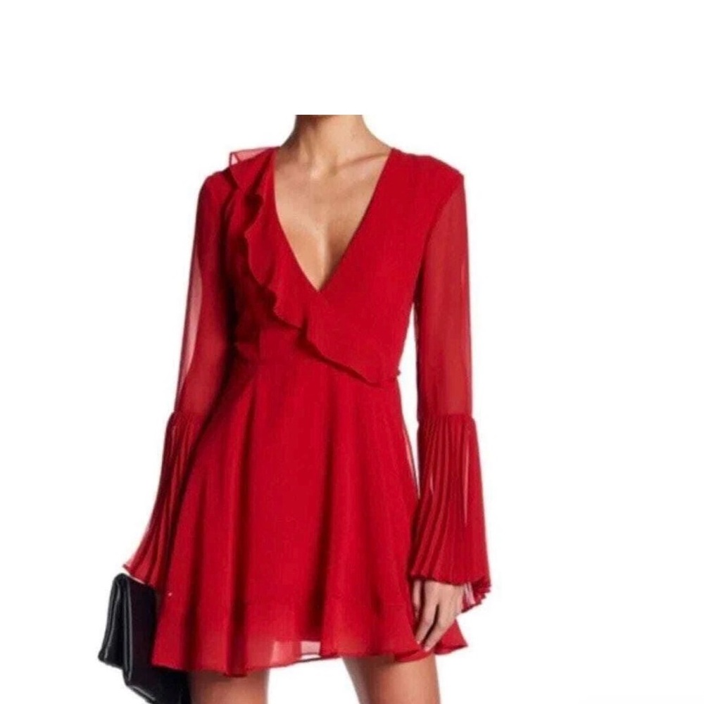 Red Ruffle V-Neck Long Sleeve Dress